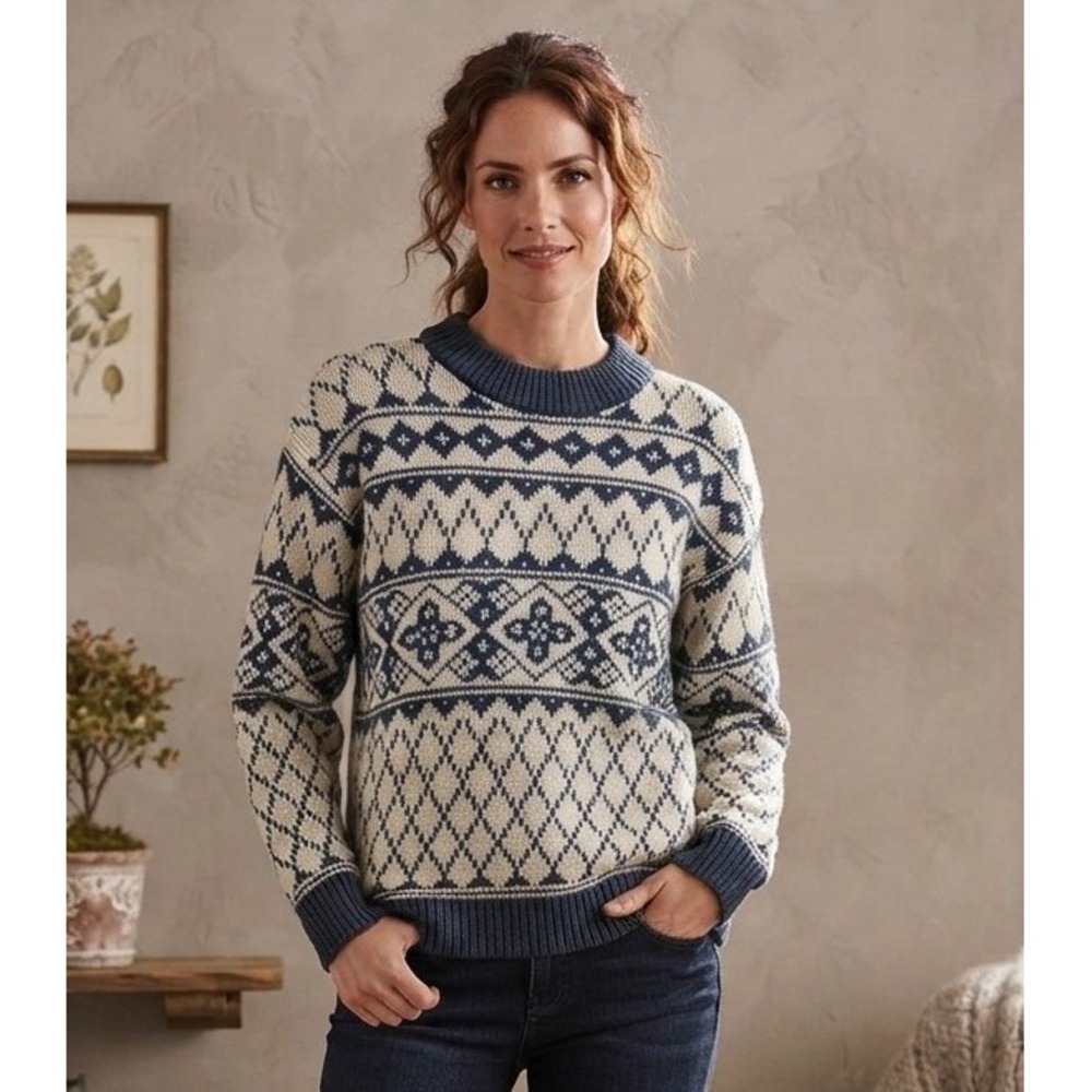 Vintage Woolrich Nordic Fair Isle Sweater Womens S Blue Cotton Knit USA Pullover